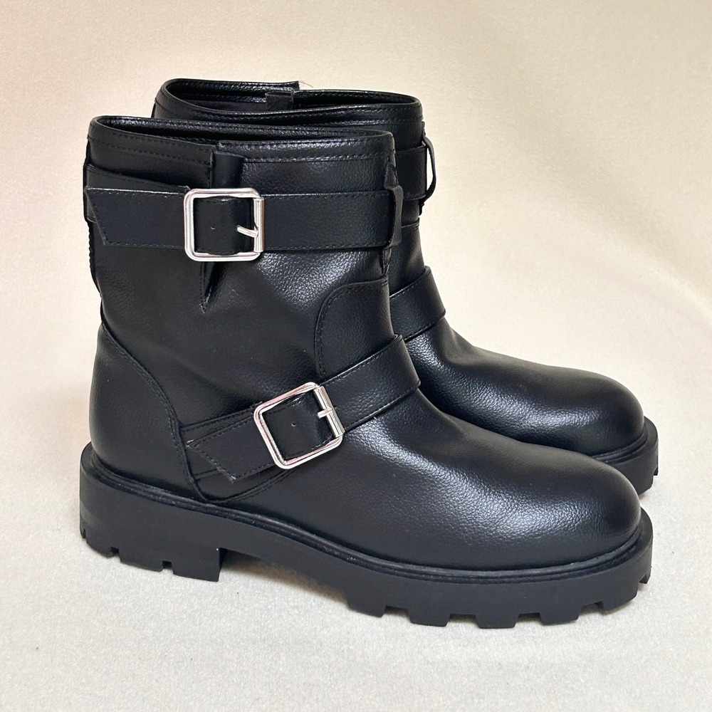 H&M Women's Size 8 Black Moto Biker Boots Double Buckle Chunky Lug Sole